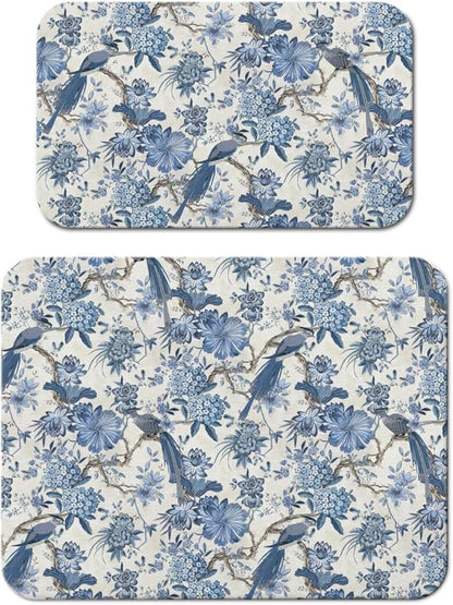 Dish Drying Mat for Kitchen Counter 2 Pack with Non-Slip Rubber Backing - Heat-Resistant Absorbent Coffee Bar Mat, Dish Rack Mat, Blue Flower And Bird Dish Drying Mats 18x24+19.5x12 inch