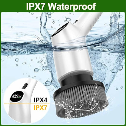 Electric Spin Scrubber, Shower Scrubber with Long Handle Adjustable LCD Display, 2 Speed Shower Cleaner, 7 Replaceable Brush Heads Bathroom Cleaning Brush, Bath Tub Power Scrubbers White G3