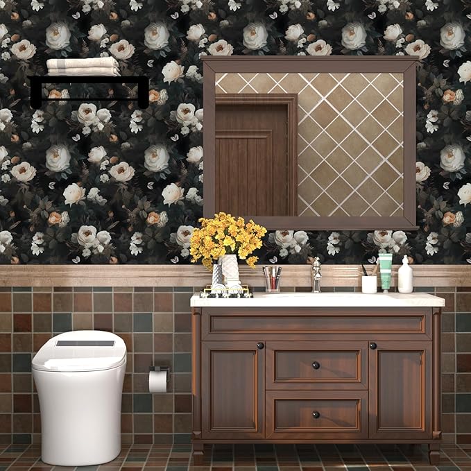 Fvlow Dark Wallpaper Floral Peel and Stick 17.4" x 118" Black White Contact Paper Vintage Watercolor Self Adhesive Covering for Bedroom Cabinet Bathroom Home Decor