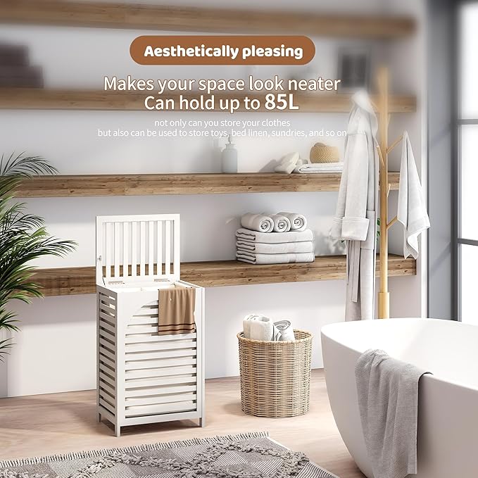 FILWH Laundry Hamper with Lid (16.9 * 13 * 26.5inches) Large Bamboo Laundry Bin Basket 85L Clothes Hamper with 1 Removable Bag Storage baskets for Bathroom (White)