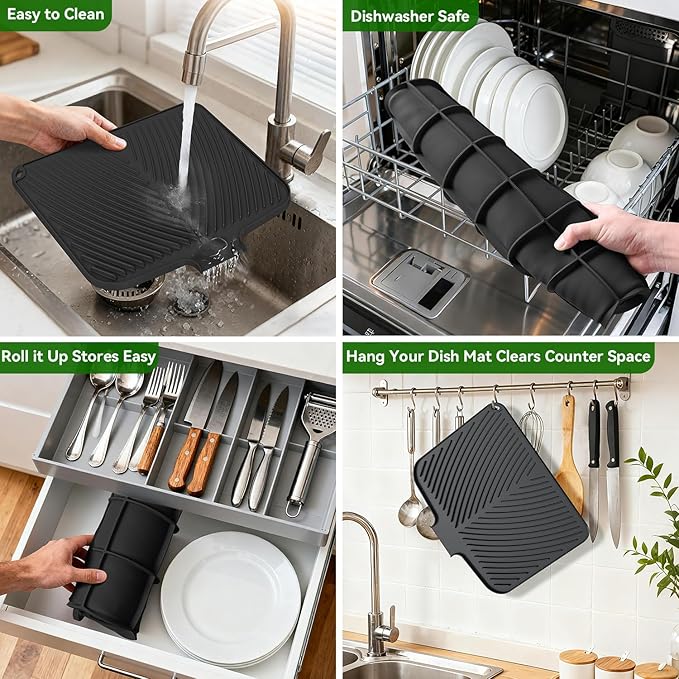 Belife Dish Drying Mat for Kitchen Counter, Silicone Dish Drainers Pad, Non-Slip Under Sink Dish Drying Rack, Heat Resistant Small Stone Drying Board (16.9" x 14.6", Black)