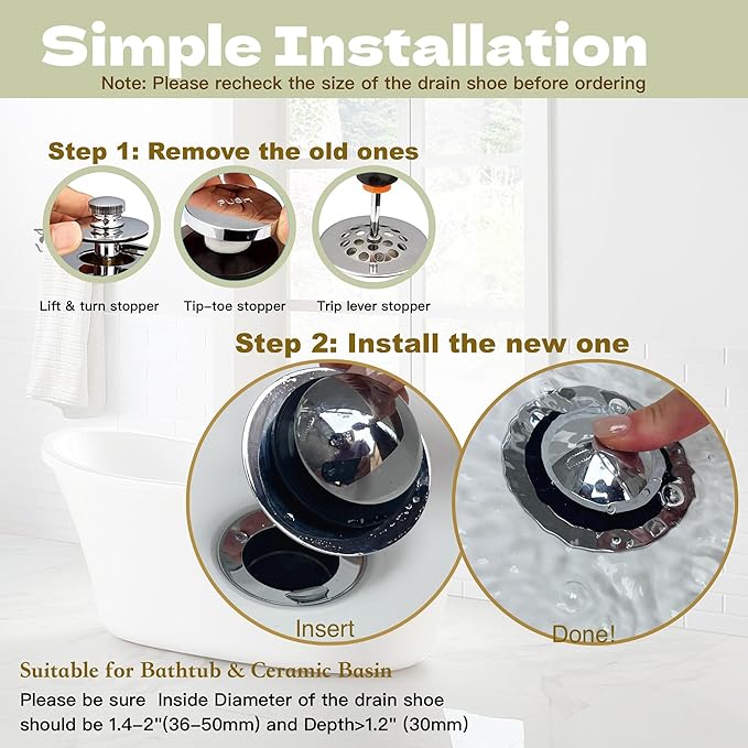 Tub Stopper, Bathtub Drain Stopper, Bathroom Sink Stopper, Pop-up Drain Stopper, Bathroom Drain Plug, Bathtub Drain Stopper, Bathtub Plug for 1-1/2 to 1-3/4" Bath Drain Hole, Easy to Install & Clean