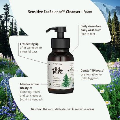 Wild & Pure Sensitive Skin Foaming Body Wash (8oz) | Cleanser, Deodorizer, Moisturizer for Face, Hands, Body & Below the Belt | pH-Balanced, Microbiome-Friendly | EcoBalance Refillable Skincare