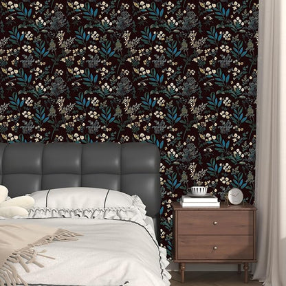 Laatse Vintage Wallpaper Peel and Stick Dark Green Floral Wallpaper 17.5'' x 118'' Green Leaf Contact Paper Vinyl Waterproof Self Adhesive Boho Botanical Wall Paper for Bedroom Cabinet Décor