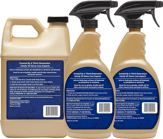 Granite Gold Daily Cleaner Spray Streak-Free Cleaning for Granite, Marble, Travertine, Quartz, Natural Stone Countertops, and Floors, 1 x 64 Fl. Oz. & 2 x 24 Fl. Oz., 3-Pack
