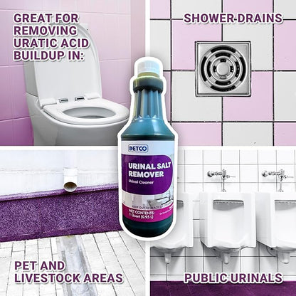 Urinal Salt Remover Concentrate - Safe on Pipes and Plumbing, Odor Control, Cleans Rust, Scale, and Uratic Salt Build-Up, Case of 12