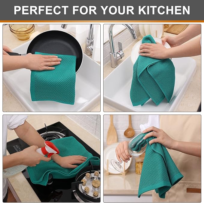 Kitinjoy 100% Cotton Waffle Weave Kitchen Hand Towels (13 X 28 Inches, Teal), 6-Pack Super Soft and Absorbent Dish Towel for Drying Dishes