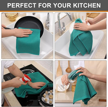 Kitinjoy 100% Cotton Waffle Weave Kitchen Hand Towels (13 X 28 Inches, Teal), 6-Pack Super Soft and Absorbent Dish Towel for Drying Dishes