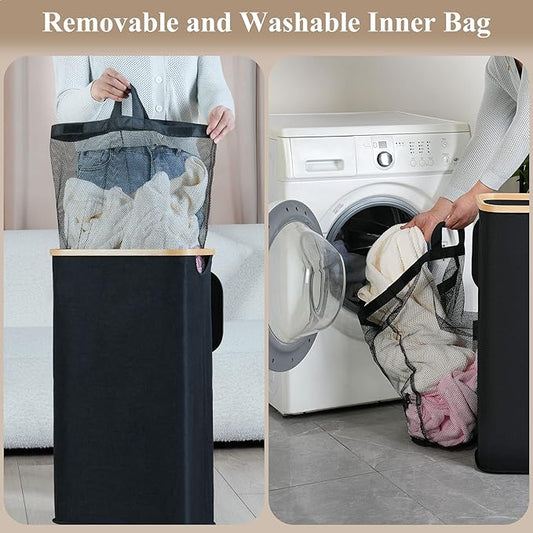 Laundry Hamper with Lid, 110L Large Laundry Basket with Handle, Collapsible Clothes Basket Organizer with Removable 2 Inner Bag for Clothes Toys Towels - Black
