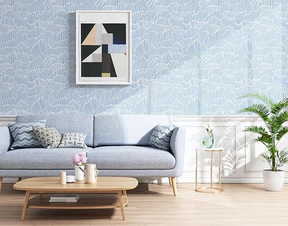 Guvana Blue Wallpaper Peel and Stick Modern Blue and White Contact Paper Coastal Wallpaper Boho Striped Removable Waterproof Wall Paper for Bathroom Laundry Living Room Accent Wall Decor 17.3"×787"