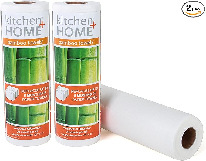Kitchen + Home Paper Towel Alternative – Heavy Duty Washable Reusable Rayon Towels Made From Bamboo - One roll replaces 6 months of towels! 2 Pack