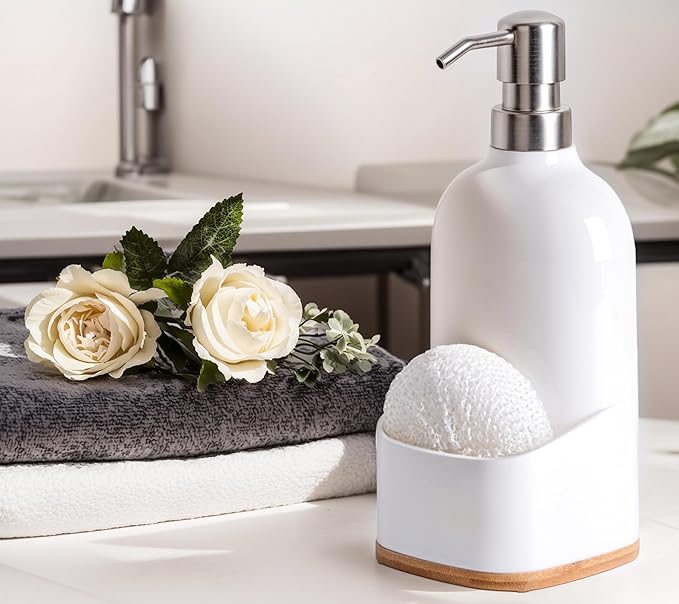 Kitchen Soap Dispenser with Sponge Holder, Refillable Acrylic Dish Soap Dispenser 17oz for Kitchen Sink and Bathroom, Anti Slip, Countertop Home Decor (White)