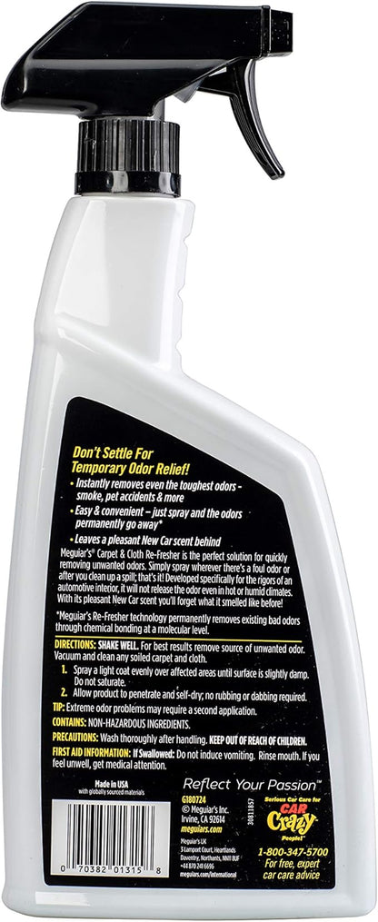 Meguiar's Carpet and Cloth Re-Fresher Odor Eliminator Spray, Car Air Freshener, Fights Odors and Freshens Fabrics in your Car, Easy to Use Trigger Spray, 24 Oz