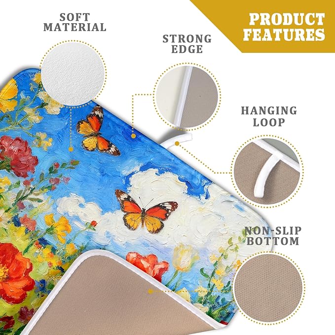 Floral Dish Drying Mat for Kitchen Counter 16x18 Spring Summer Theme Colorful Flower Butterfly Seasonal Absorbent Reversible Microfiber Drying Mats Kitchen Countertop Protector Dishes Drainer Pad