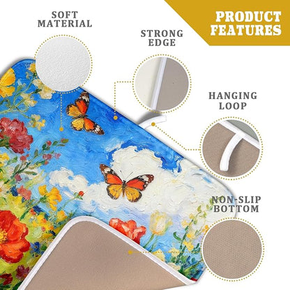 Floral Dish Drying Mat for Kitchen Counter 16x18 Spring Summer Theme Colorful Flower Butterfly Seasonal Absorbent Reversible Microfiber Drying Mats Kitchen Countertop Protector Dishes Drainer Pad