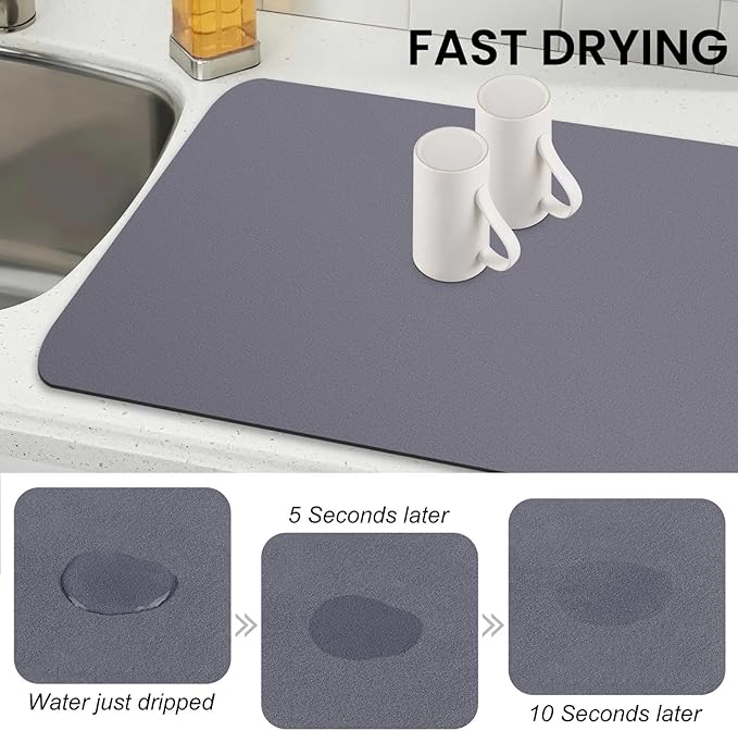 WISELIFE Dish Drying Mat Super Absorbent Drying Mat Large Dish Drying Mats for Kitchen Counter Easy Clean Dish Mat Kitchen Drying Mat18"x 36" Classic Grey