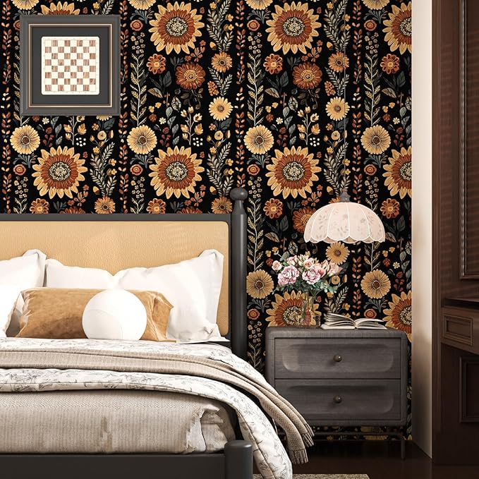 Boho Dark Floral Peel and Stick Wallpaper, Vintage Black Brown Flower Pattern Design Removable Wall Paper for Bedroom Cabinet Drawer, Vinyl Abstract Classic Contact Paper Decor 17.5In x 118In