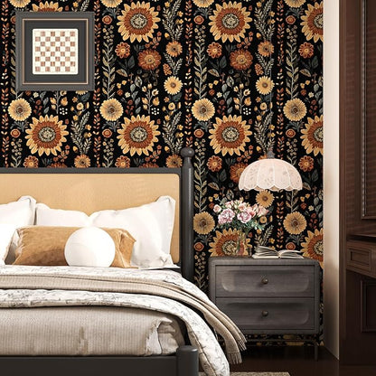 Boho Dark Floral Peel and Stick Wallpaper, Vintage Black Brown Flower Pattern Design Removable Wall Paper for Bedroom Cabinet Drawer, Vinyl Abstract Classic Contact Paper Decor 17.5In x 118In