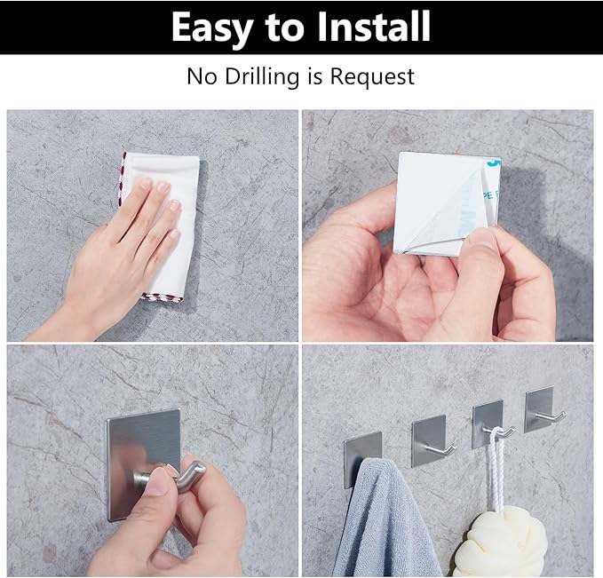 FOMANSH Heavy Duty Adhesive Hooks, Stick on Wall Adhesive Hangers, Strong Stainless Steel Holder, Self Adhesive Hooks for Kitchen Bathroom Home Door Towel Coat Key Robe 6 Packs Silver