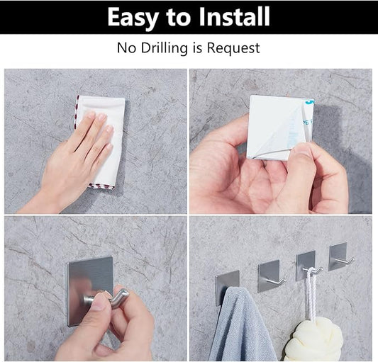 FOMANSH Heavy Duty Adhesive Hooks, Stick on Wall Adhesive Hangers, Strong Stainless Steel Holder, Self Adhesive Hooks for Kitchen Bathroom Home Door Towel Coat Key Robe 6 Packs Silver