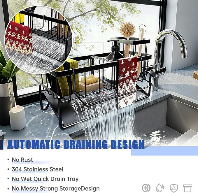 Sponge Holder for Kitchen Sink Caddy，Sink Caddy Organizer with High Brush Holder Adjustable Divider, Tilted Drain Pan, Multifunctional for Home Decor Accessories (Black)