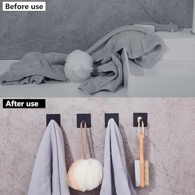 FOMANSH Heavy Duty Adhesive Hooks, Stick on Wall Adhesive Hangers, Strong Stainless Steel Holder, Self Adhesive Hooks for Kitchen Bathroom Home Door Towel Coat Key Robe 6 Packs Black