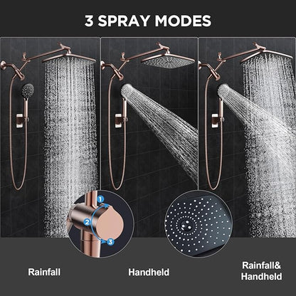 Veken 11.8" Rain Shower Head with Handheld, High Pressure Handheld Shower with Multi Spray Modes, Rainfall Combo with Metal Extension Arm, Detachable Dual Showerhead, Bathroom Decor, Rose Gold