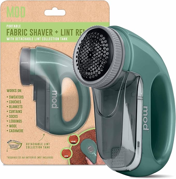 MOD Portable Fabric Shaver and Lint Remover, Reusable Pet Hair Remover, Lint Roller for Clothes, Sweater Shaver, Couch, Blankets, Curtains with Detachable Lint Collector Tank, Battery Operated, Green