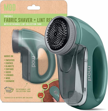MOD Portable Fabric Shaver and Lint Remover, Reusable Pet Hair Remover, Lint Roller for Clothes, Sweater Shaver, Couch, Blankets, Curtains with Detachable Lint Collector Tank, Battery Operated, Green