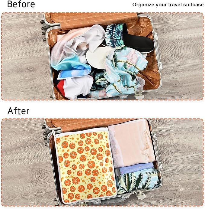Mesh Laundry Bags Lingerie Bags for Washing Delicates 2 PCS Durable Wash Bag with Zipper Small and Medium Washable Orange Basketball and Stars