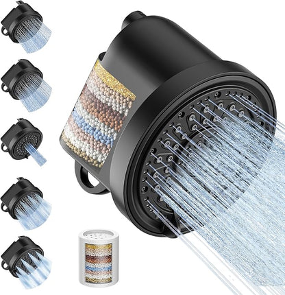 Filtered Shower Head with 30 Stage Water Softener Filter, 6 Inch High Pressure Showerhead for Hard Water, 5 Spray Modes to Remove Chlorine & Heavy Metals, Easy Install Fixed Shower Head