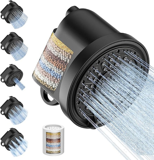 Filtered Shower Head with 30 Stage Water Softener Filter, 6 Inch High Pressure Showerhead for Hard Water, 5 Spray Modes to Remove Chlorine & Heavy Metals, Easy Install Fixed Shower Head