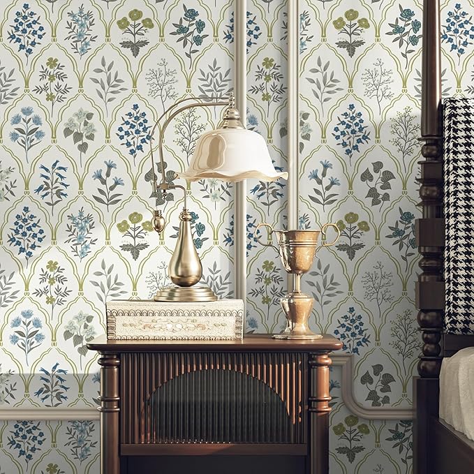 Dimoon 78.7"x17.3" Peel and Stick Wallpaper Contact Paper Floral Modern Removable Wallpaper Beige Wall Paper Self Adhesive Boho Contactpaper for Cabinets Drawers Blue Vintage Bedroom Thicken Vinyl