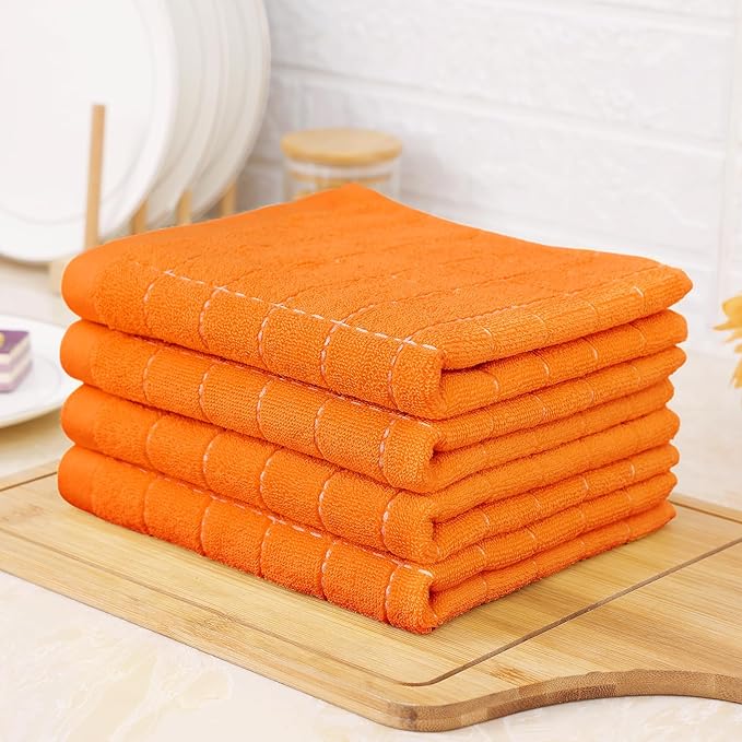 Homaxy 100% Cotton Terry Kitchen Towels(Orange, 13 x 28 inches), Checkered Designed, Soft and Super Absorbent Dish Towels, 6 Pack