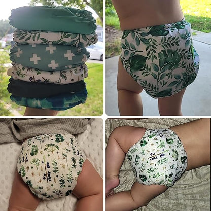 Mama Koala 3.0 Pocket Cloth Diapers for Babies with AWJ Lining, 6 Pack with 6 4-Layer Natural Cloth Diaper Inserts - Reusable and Washable Pocket Diapers (Love Green)