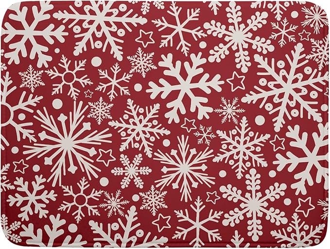 Christmas Dish Drying Mat for Kitchen Counter 18x24 Dark Red Snowflake Winter Xmas Holiday Absorbent Reversible Microfiber Drying Mats Kitchen Countertop Protector Dishes Drainer Pad