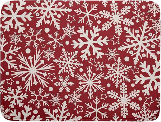 Christmas Dish Drying Mat for Kitchen Counter 18x24 Dark Red Snowflake Winter Xmas Holiday Absorbent Reversible Microfiber Drying Mats Kitchen Countertop Protector Dishes Drainer Pad