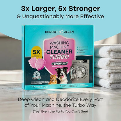 Uproot Clean Washing Machine Cleaner Tablets Turbo - 5x Stronger - 12 Pack for a 12 Month Supply - 5 Enzyme Formula Designed for Pet Owners - Fur, Grime & Odors - Compatible with HE, Top & Front Load