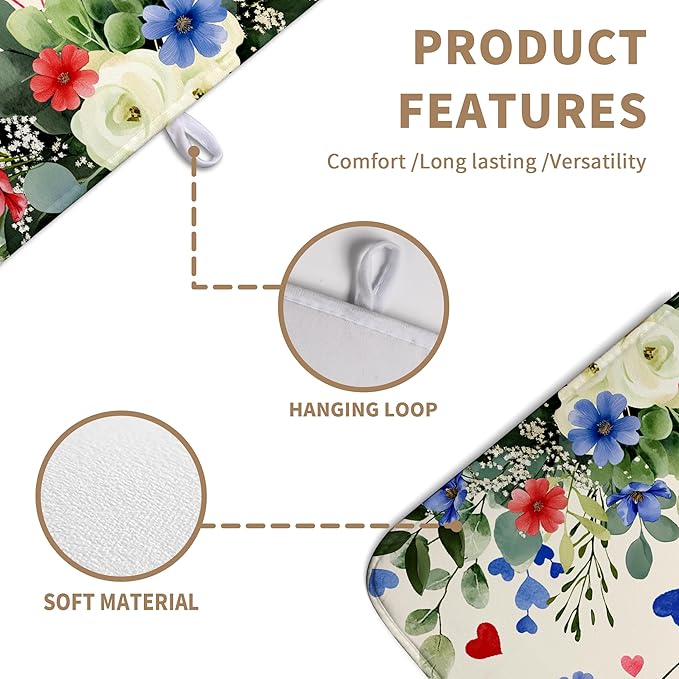 4th of July Patriotic Floral Dish Drying Mat Summer Memorial Day Large Kitchen Mats Dish Drying Pad Absorbent Dish Dryer Mat for Kitchen Countertops Microfiber Drainer Pad Dish Drying Mats (18x24 in)