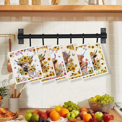 Swedish Dishcloths for Kitchen, 6 Pack Sunflower Highland Cow Swedish Dish Cloths for Washing Dishes, Reusable Washable Absorbent Dish Towels for Home Kitchen Cleaning Quick Drying
