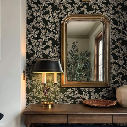 Ismoon Floral Peel and Stick Wallpaper Vintage Black and Gold Contact Paper Dark Stick on Wallaper Removable Self Adhesive Wall Paper for Cabinets Shelf Drawer Bedroom Vinyl Roll 17.3x196in