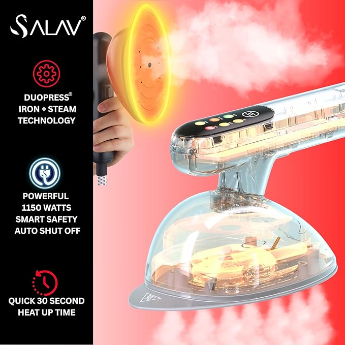 SALAV DuoPress Smart Deluxe Steam Station, Garment Steamer & Iron, 6ft Extra-Long Hose, Auto-Off Safety, Digital Display, 7 Steam Levels, 1.1L Water Tank, Dry Iron Mode & Steam Burst