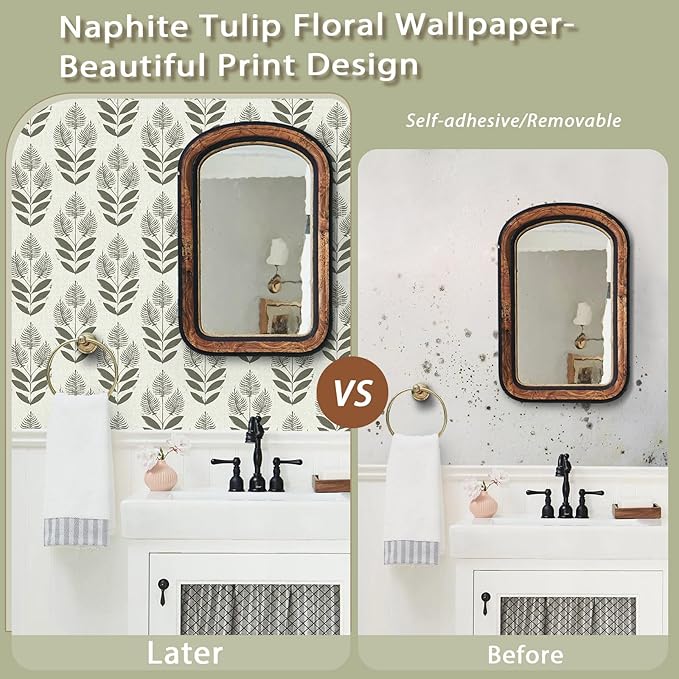 Naphite Tulip Floral Peel and Stick Wallpaper Vintage Leaf Contact Paper for Cabinet Drawer Boho Contact Paper Self Adhesive Wallpaper for Bathroom Farmhouse Retro Flower Wall Decor 17.3inW 393inL