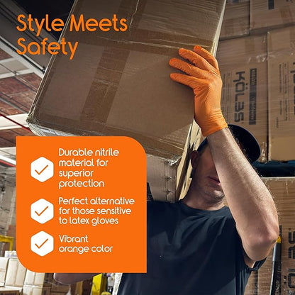 Inspire Heavy Duty Orange Nitrile Gloves | ULTRA 8 Mil Diamond Textured Grip | Industrial Mechanic Disposable Cleaning Gloves