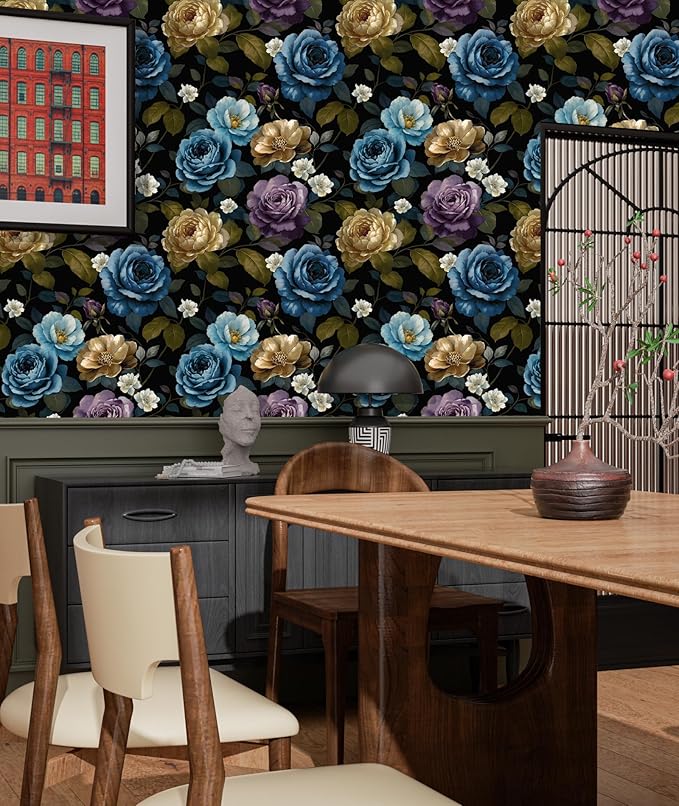 Fvlow Watercolor Wallpaper Peel and Stick, Vintage Large Floral Contact Paper Waterproof Self-Adhesive Dark Flower Wall Paper for Bedroom Countertop Desk Cabinets Decor 17.4" x 118" Renter Friendly