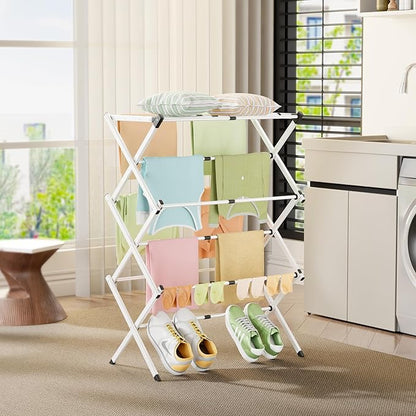 Foldable Clothes Drying Rack - 3-Tier Laundry Drying Rack, Collapsible Metal Indoor Airer, Portable X-Type Clothing Dryer with Shoe Hanger for Home & Balcony (No Assembly Required)