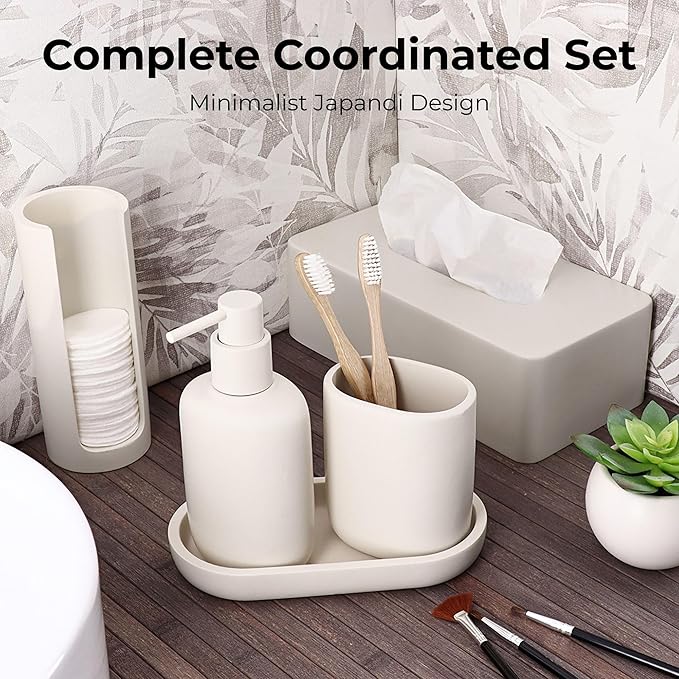 Oval Beige Toilet Brush and Holder Set - Minimalist Polyresin Base, Stainless Steel Handle, Silicone Head - Japandi Collection