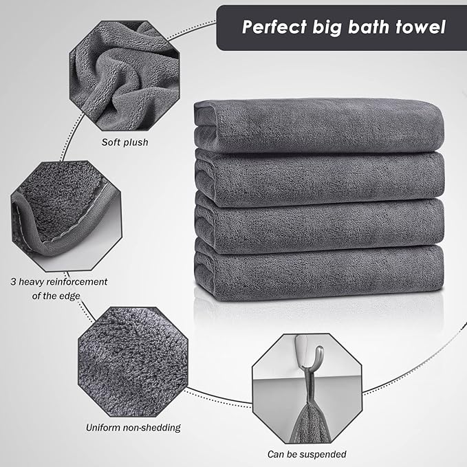GraceAier Microfiber Bath Towels 4 Pack, 28x56 Inch Coral Velvet Quick Dry Towel Set, Highly Absorbent, Ultra Soft & Lint-Free for Bathroom, Gym, Travel and Swim-Grey