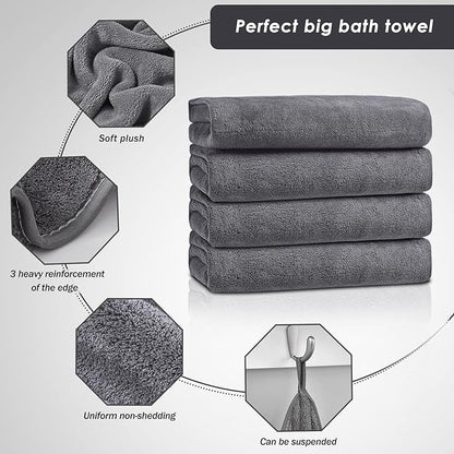 GraceAier Microfiber Bath Towels 4 Pack, 28x56 Inch Coral Velvet Quick Dry Towel Set, Highly Absorbent, Ultra Soft & Lint-Free for Bathroom, Gym, Travel and Swim-Grey