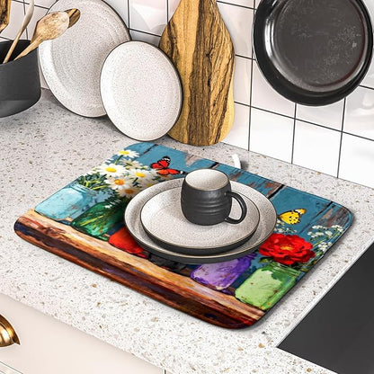 Spring Summer Floral Dish Drying Mat for Kitchen Counter 16x18 Woodgrain Colorful Flower Butterfly Seasonal Absorbent Reversible Microfiber Drying Mats Kitchen Countertop Protector Dishes Drainer Pad